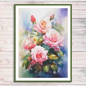 Aquarel rozen tak geteld kruissteekpatroon roze bloemen tak van tuin bloemen vintage bloemen digitaal borduurpatroon pdf