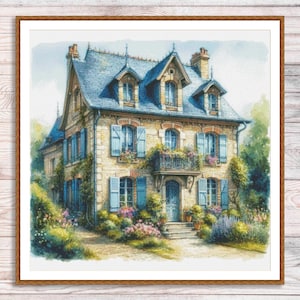 Victorian Cottage Counted Cross Stitch Pattern Summer Landscape Pattern Hand Embroidery Needlepoint Chart Cottage Digital Pattern