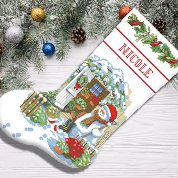 Garden Shed Snowman Christmas Stocking Counted Cross Stitch Pattern Santa Embroidery Hand Xstitch Decor Embroidery Chart Needlepoint Chart