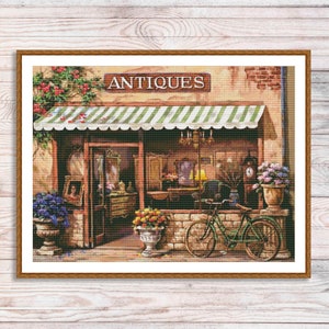 Antiques shop Counted Cross Stitch Pattern Digital Pattern European city Landscape Pattern Hand Needlepoint chart Vintage Old town street
