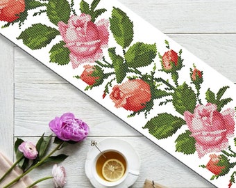 Bordsduk med rosa rosor Korsstygnsmönster Kökslöpare Korsstygnsmönster Köksdekor Handbroderi Räknat korsstygn