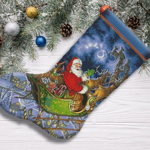 Santa's Flight Christmas Stocking Counted Cross Stitch Pattern Santa Deer Embroidery Hand stitching Decor Embroidery Chart Needlepoint Chart