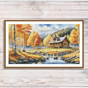 Herbst Landschaft Kreuzstichmuster Sonnenuntergang Wald Berge Fluss Wasserfall Stickerei Nadelspitze Stickmuster