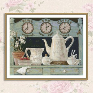 Tijd voor koffie Stilleven Cross Stitch Patroon Digitaal Patroon Decor Wilde Bloemen Patroon Boeket Borduren Borduurpatroon Downloaden
