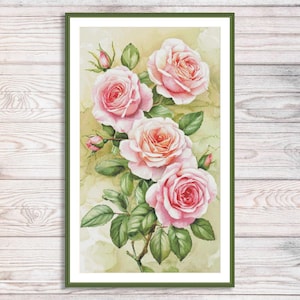 Aquarel rozen tak geteld kruissteekpatroon roze bloemen tak van tuin bloemen vintage bloemen digitaal borduurpatroon pdf