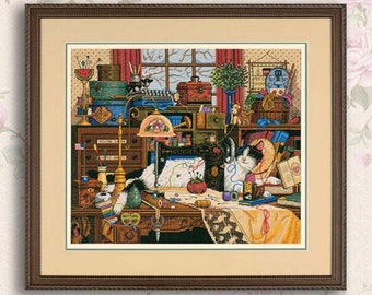 Cat Needlewoman Cross Stitch Pattern Sewing machine Maggie the messmaker Animals Pattern Embroidery Needlepoint Chart PDF Modern Wall Decor