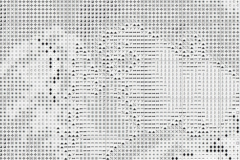Puede incluir: Gr&aacute;fico de patr&oacute;n de punto de cruz en blanco y negro con s&iacute;mbolos para una variedad de puntadas, incluyendo X, +, =, *, ^, C, Y, m, s, z y #.