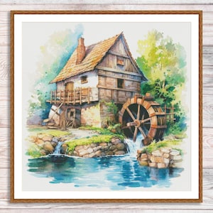 Puede incluir: Una pintura de acuarela de un molino de agua de madera con una gran rueda de agua. El molino está rodeado de vegetación exuberante y un pequeño arroyo con una cascada. El molino tiene un exterior encalado y un techo marrón.