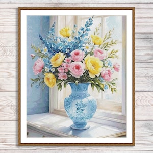 Zomerboeket geteld kruissteekpatroon Boeket lila vintage bloemen digitaal patroon gele rozen borduren borduurpatroon