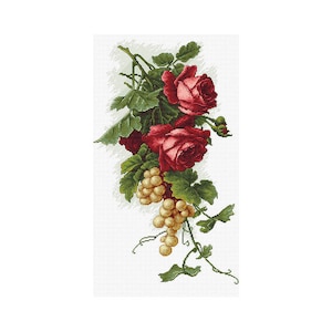 Kit de point de croix compté Roses rouges avec raisins Point de croix compté Kit de broderie au point de croix moderne DIY facile à broder au point de croix