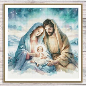 May include: Watercolor painting of the Holy Family, featuring Mary, Joseph, and the baby Jesus. The artwork is set against a backdrop of a starry sky and soft, pastel-colored mountains. The figures are draped in flowing robes.