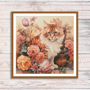 Cat in flowers Counted Cross Stitch Pattern Cute kitten Cats love Instant download PDF Modern Decor Pattern Animal Needlepoint chart