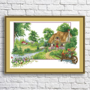 Summer landscape, Counted Cross Stitch Pattern, Village House, Hand Embroidery, Needlepoint Chart, Cottage Pattern PDF, Modern Cross Stitch