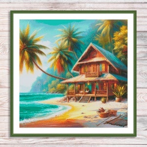 Beach Houses Counted Cross Stitch Pattern Bungalow Palms Seashore Waves Summer Beach Landscape Pattern Hand Embroidery Needlepoint chart