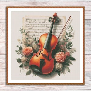 Vintage viool kruissteekpatroon digitaal patroon viool en bloemen wilde bloemen patroon muziek borduren borduurpatroon downloaden