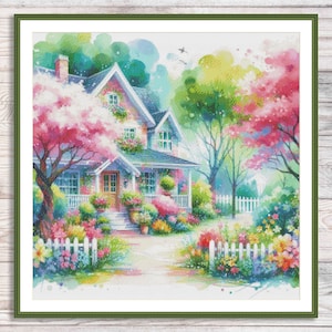 Vintage Cottage Counted Cross Stitch Pattern Summer Garden Flowers Landscape Pattern Hand Embroidery Needlepoint Chart Digital Pattern
