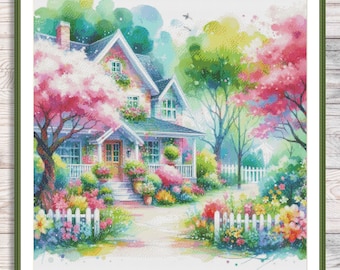 Vintage Cottage Counted Cross Stitch Pattern Summer Garden Flowers Landscape Pattern Hand Embroidery Needlepoint Chart Digital Pattern