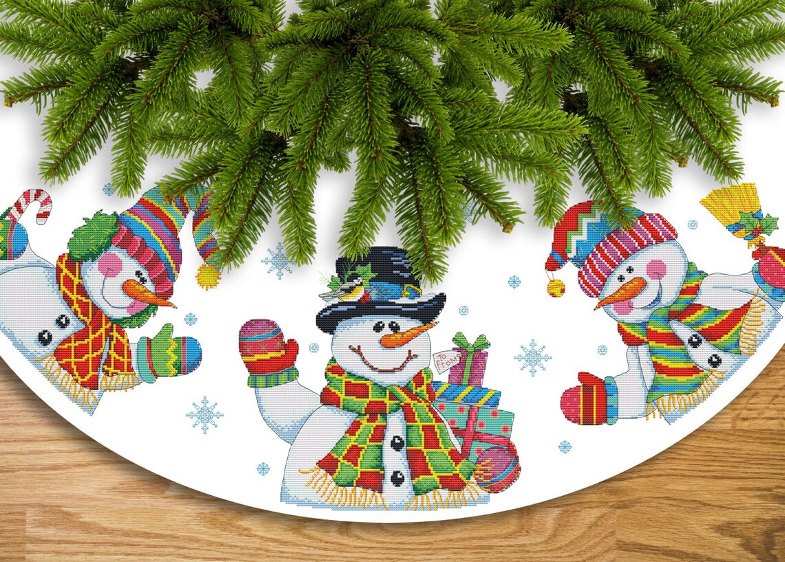 Three Snowmen Christmas Tree Skirt Celebrating Counted Cross Etsy