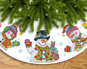 Three Snowmen Christmas Tree Skirt Celebrating Counted Cross Stitch Pattern PDF Embroidery Hand Xstitch Embroidery Chart Needlepoint Chart