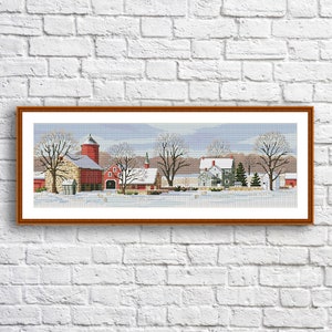Scenic Farm Counted Cross Stitch Pattern Winter Landscape Pattern Hand Embroidery Needlepoint Chart Village Cottage Digital Pattern PDF