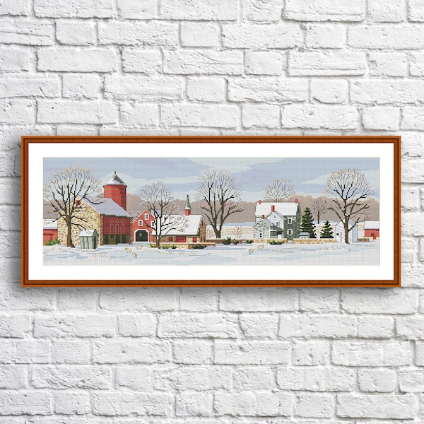 Scenic Farm Counted Cross Stitch Pattern Winter Landscape Pattern Hand Embroidery Needlepoint Chart Village Cottage Digital Pattern PDF