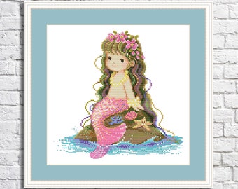 Little Mermaid Cross Stitch Pattern Ocean princess Digital Pattern Sea Girl Modern Wall Decor Pattern Hand Embroidery Needlepoint chart PDF