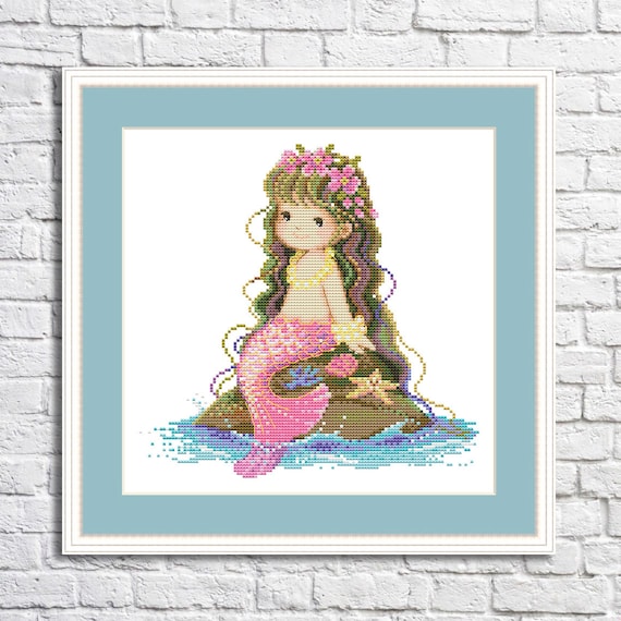 Little Mermaid Cross Stitch Pattern Ocean princess Digital Pattern Sea Girl Modern Wall Decor Pattern Hand Embroidery Needlepoint chart PDF