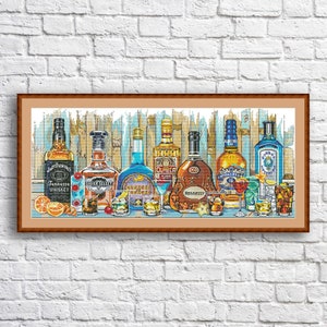Flasche Whisky Kreuzstich Stickvorlage Stilleben Küche Dekor Handstickerei Nadelstichtabelle Kreuzstich Zählbild Glas Shot Cocktail PDF