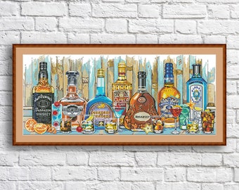 Bottle Whiskey Cross Stitch Pattern Still Life Kitchen Decor Hand Embroidery Needlepoint Chart Counted cross stitch Glass Shot Cocktail PDF