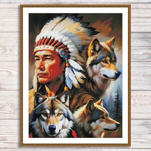 Indianer Häuptling Kreuzstichmuster Wildtiere Wolf Adler Muster Modernes Wanddekor Hand Nadelspitze Stickmuster PDF zum ausdrucken und ausdrucken