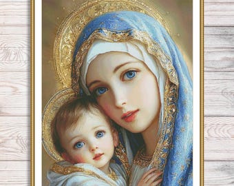 Virgin Mary and Child Cross Stitch Pattern | Religious Embroidery Chart | Holy Mother and Baby Jesus PDF Pattern