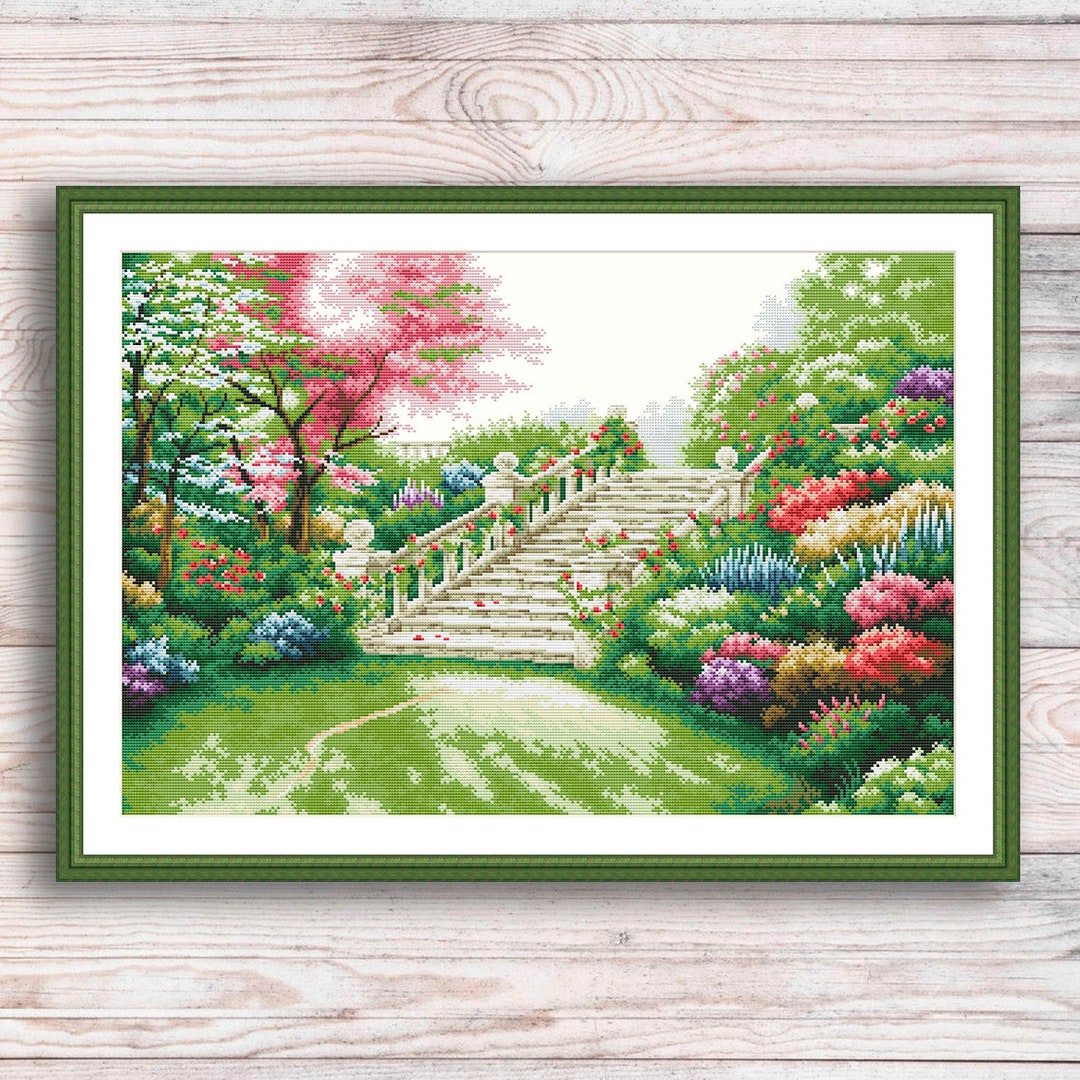 Blooming Garden Counted Cross Stitch Pattern Spring Landscape Hand ...