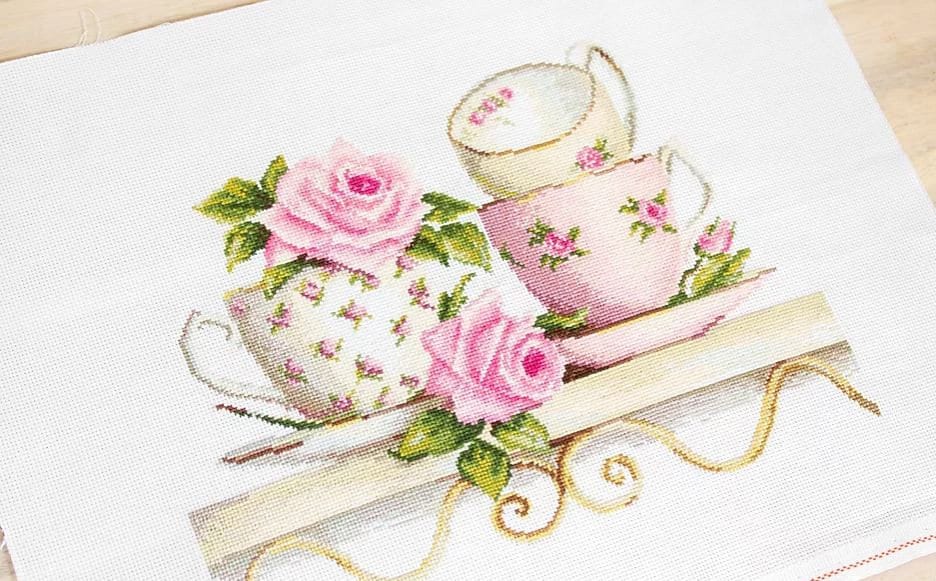 Tea Cups With Roses Counted Cross Stitch Kit Still Life Modern Etsy