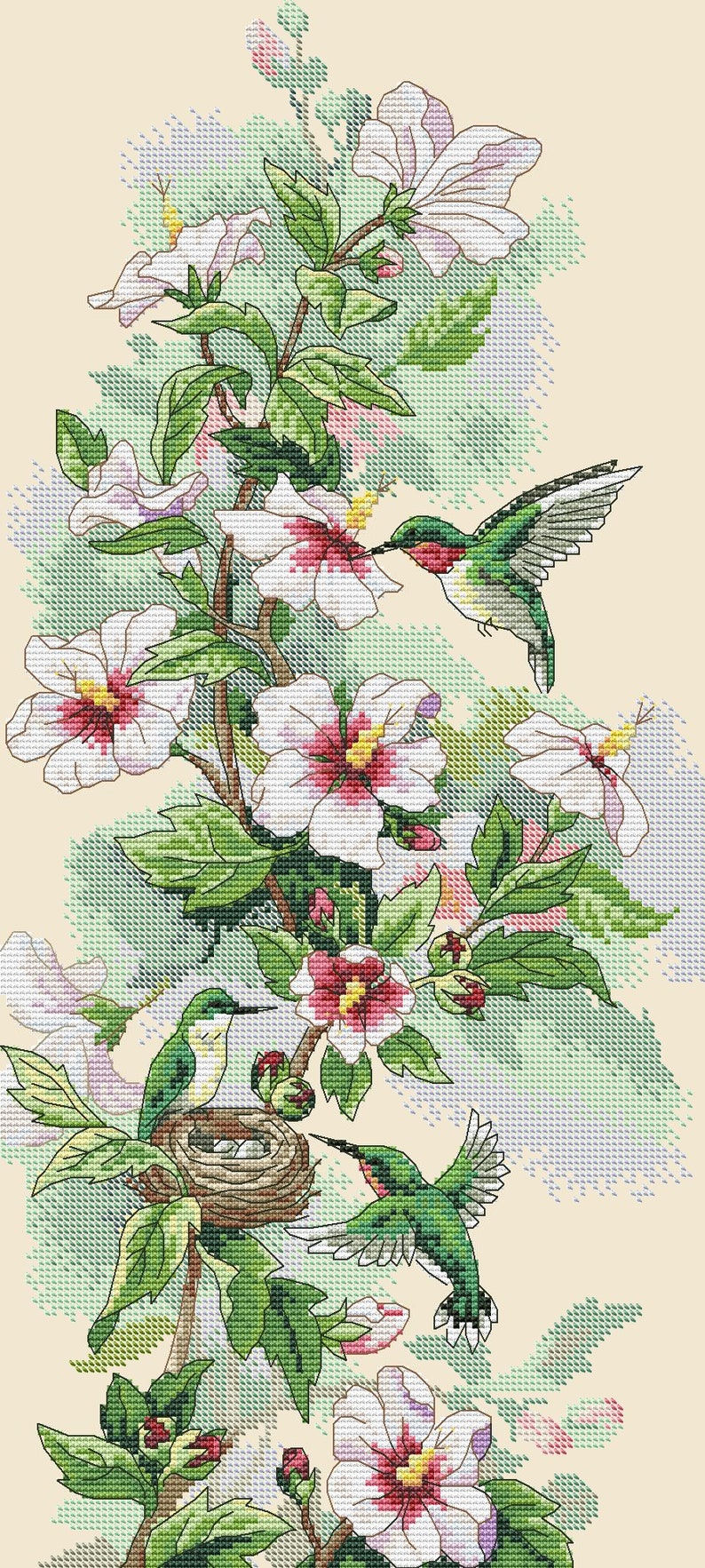 May include: A cross-stitch pattern featuring three hummingbirds with green and red plumage interacting with white hibiscus flowers with pink centres. One hummingbird is perched on a nest containing small eggs, while two others are in flight.