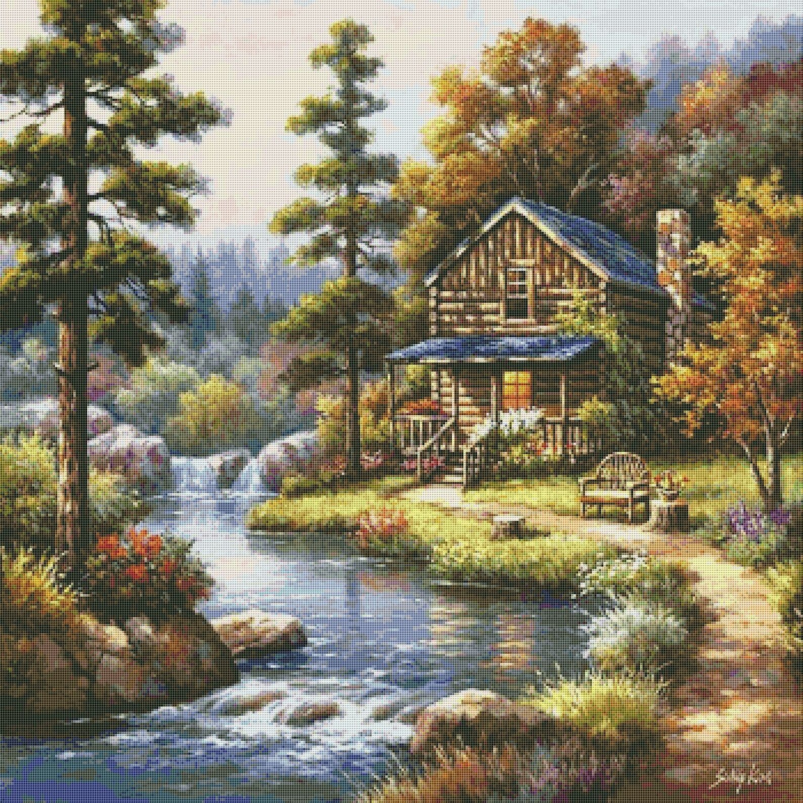 Counted Cross Stitch Pattern the Log Cabin by the Falls Summer Etsy