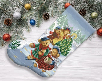 Christmas Stocking Counted Cross Stitch Pattern Victorian bears Embroidery Xstitch Decor Woman Embroidery Needlepoint Chart Instant download