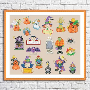 Happy Halloween Cross Stitch Pattern Trick or Treat Black Cat Haunted House Embroidery Pumpkin Bats Bringing Needlepoint Chart Cross Stitch