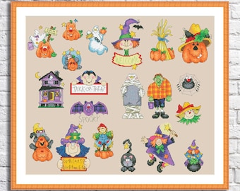 Happy Halloween Cross Stitch Pattern Trick or Treat Black Cat Haunted House Embroidery Pumpkin Bats Bringing Needlepoint Chart Cross Stitch