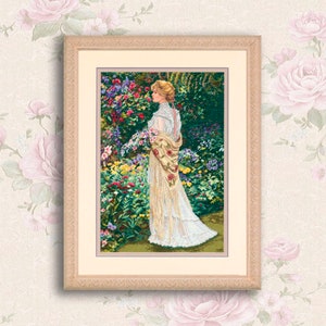 Victoriaanse dame kruissteekpatroon digitaal patroon modern muurdecor bloemenpatroon vrouw in tuin handborduurwerk borduurpatroon pdf
