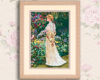 Victorian Lady Cross Stitch Pattern Digital Pattern Modern Wall Decor Flowers Pattern Woman in Garden Hand Embroidery Needlepoint chart PDF