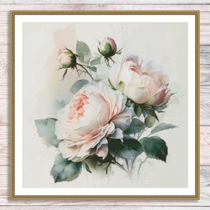 Aquarel rozen tak geteld kruissteekpatroon roze bloemen tak van tuin bloemen vintage bloemen digitaal borduurpatroon pdf