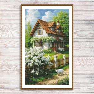 Wzór haftu krzyżykowego Dom wiejski Kwiaty ogrodowe Krajobraz letni Vintage Cottage Haft ręczny Haft krzyżykowy Wzór cyfrowy