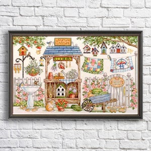 Tuin Land Geteld Kruissteekpatroon Digitaal Patroon Modern Decor Landschapspatroon Handborduurwerk Borduurpatroon Tuinbloem