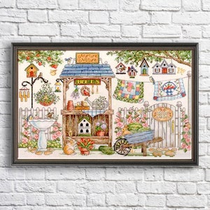 Garden Country Counted Cross Stitch Pattern Digital Pattern Modern Decor Landscape Pattern Hand Embroidery Needlepoint chart Garden Flower