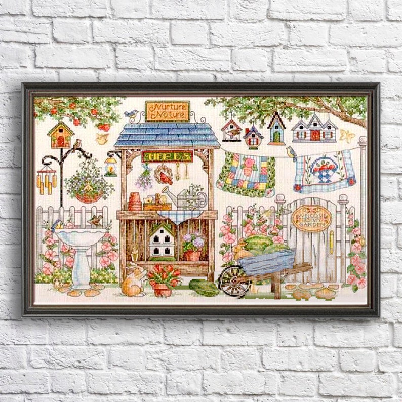 Garden Country Counted Cross Stitch Pattern Digital Pattern Modern Decor Landscape Pattern Hand Embroidery Needlepoint chart Garden Flower image 1