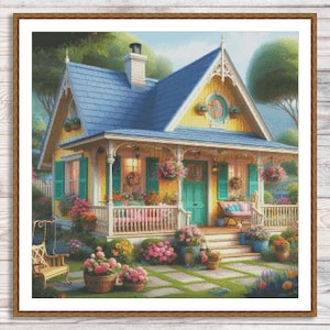 Sweet home Counted Cross Stitch Pattern Victorian Cottage Summer Landscape Pattern Hand Embroidery Needlepoint Chart Cottage Digital Pattern