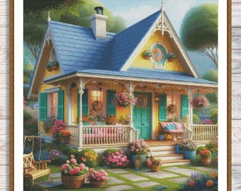 Sweet home Counted Cross Stitch Pattern Victorian Cottage Summer Landscape Pattern Hand Embroidery Needlepoint Chart Cottage Digital Pattern
