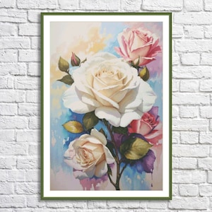 Patrón de punto de cruz de rosas de acuarela Patrón digital Decoración moderna Patrón de punto de cruz de flores Gráfico de bordado floral Descargar PDF