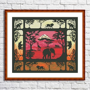Kreuzstich Anleitung Kilimanjaro Wilde Tiere Natur Modernes Muster Stickvorlage Stickbild Elefant Löwe Nashorn Giraffe