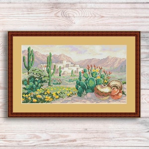 Cross Stitch Pattern Window to the west Native Landscape Pattern Hand Embroidery Needlepoint Grand Canyon Desert Cactus Ceramic tableware